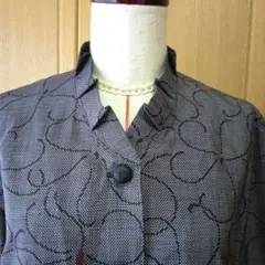 着物リメイク485 大島紬ロングワンピース コート フリル衿 ハンドメイド