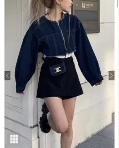 GRL 濃紺 フリンジクロップド丈デニムブルゾン