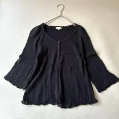 ハッシュアッシュ　カーディガン 透かし編み 麻混フレア袖 サイズ2 ブラック