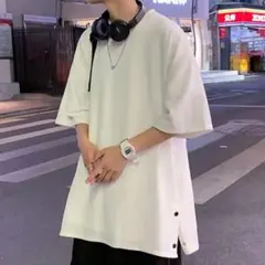 メンズTシャツ 白 5XL サイドボタン 2025 新作 インポート 無地 通年