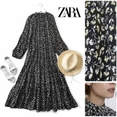 美品ZARA大人可愛い小花柄ティアードマキシワンピースハイネックブラックロング黒