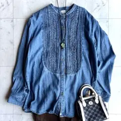 美品 シップスエニィ 長袖 ライトオンス デニム バンドカラー シャツ 