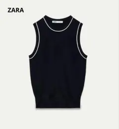 ZARA　コントラストトリム　プレーンニットトップス　ネイビー　Sサイズ