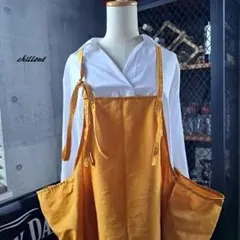 【背中がかわいい】エプロンドレス：マスタード：コットン【0964】