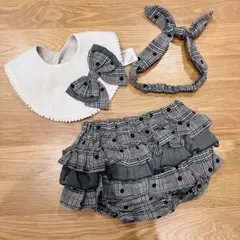 ベビー服 3点セット スタイ ブルマ ヘアバンド チェック柄 ドット柄 女の子