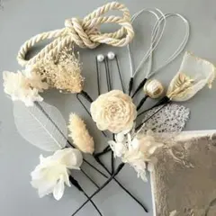 White ヘアアレンジ 髪飾り 銀箔 水引 成人式 ヘア ドライフラワー