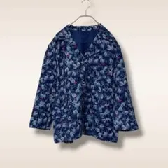 【昭和レトロ】肩パッドなし 総柄 テーラードジャケット リーフ柄 鮮やか モダン