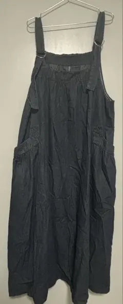 オーバーサイズデニムサロペットワンピース - ダークブルー / XL