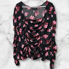 2XL レーンブラント 花柄 ギャザー チュニック カットソー 黒 ピンク