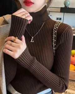 grl k8534v タートルネックリブニットトップス ブラウン L