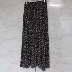 レースレディース 黒 花 プリーツ ロング スカート 小花 フレア マキシ