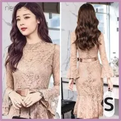 新品 総レース ドレス フォーマル パーティー 結婚式 ブラウンベージュ S s