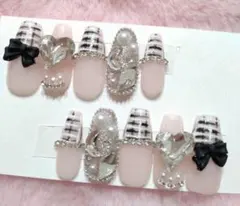 ネイル チップ ツイード 黒 量産型 フレンチガーリー ワンホン 現品 オーダー