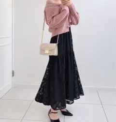 GRL グレイル 花柄レースティアードフレアスカート ブラック M