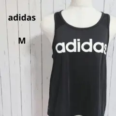 アディダス☆タンクトップ　バックスリット　ロゴプリント　スポーツ　M　黒　レディ