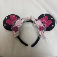 ディズニー ピンク カチューシャ　花柄 薔薇 フリル パール レース