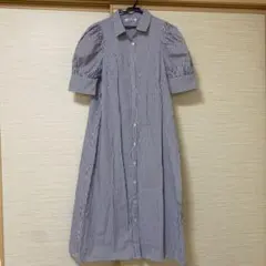 ストライプ 半袖シャツワンピース ロング丈