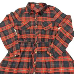 赤と紺　チェック柄　長袖シャツワンピース