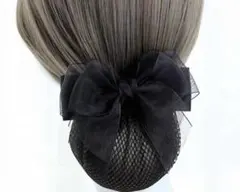 シニヨン お団子 リボン ブラック バレッタ ネット 髪留め フォーマル バレエ