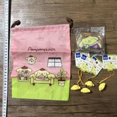 ポムポムプリン レトロな鈴ストラップ 4個（ベル）＆がま口財布、巾着セット