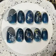 ネイルチップ 青 雪 月 冬 シルバー