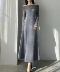 Louere チュールオフショルフレアニットワンピース MT