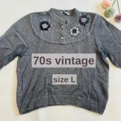 70s 유로 빈티지 모헤어 니트 스웨터 그레이 꽃무늬 자수 이탈리아제