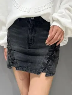 GYDA ハイウエスSIDEサイドレースアップデニムスカートライクショートパンツ