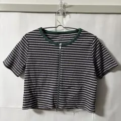 「即日発送」F VISストライプ 半袖フルジッパーカットソートップス