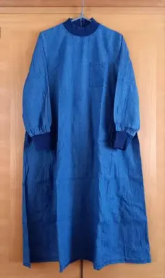 デニム素材リブ使いゆったりワンピース★ブルー