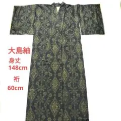 【期間限定大幅値下げ】本場大島紬　黒地に緑の模様 合わせ着物