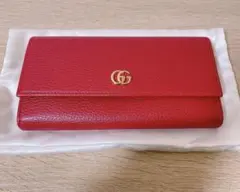 【美品】グッチ 長財布 マーモント 二つ折り フラップ シボ レザー GG 赤