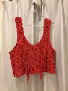 ZARA フリンジ付きレッドニットベスト M