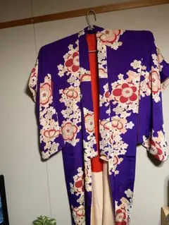 ビンテージ中振袖 紺色花柄 着物のサムネイル