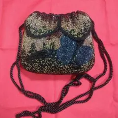 ビーズ装飾 花柄巾着型ショルダーパーティーバッグ　 未使用