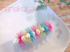 コットンパール と カラフルリボン ホワイトパール バレッタ