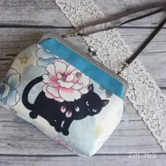 がま口ショルダーバッグ*黒猫と牡丹A