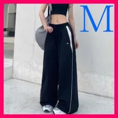 ラインパンツ レディース ワイド オルチャン ストリート Ｍ ブラック 人気