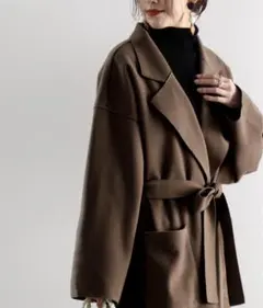 ブラウン ベルト付き 薄手ロングコート　レディース