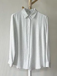 UNIQLO レーヨンブラウス　ホワイトドット柄（白抜きドット）　長袖　Lサイズ