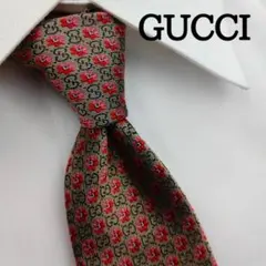 【美品】 グッチ 高級シルクネクタイ 総柄 ダークベージュ