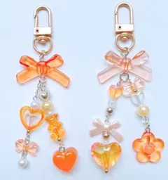 ビーズキーホルダー コレクトブック オレンジ リボンハート 推し活 2点