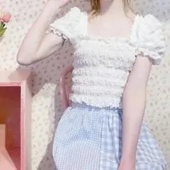 lillilly チェックシャーリングパフトップス ホワイト レディース 半袖