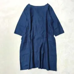 ヘブンリー　リネンワンピース　プルオーバー　ひざ丈　サイドポケット　ネイビー