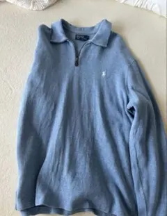 青 ジップアップ ポロ襟 ニット