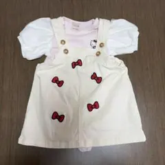プティマイン　キティちゃんリボン刺繍オーバーオールワンピース 70㎝