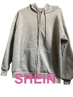 SHEIN フード付き裏起毛グレー ジップアップパーカーS