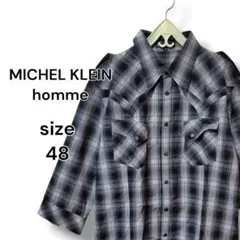 MICHEL KLEIN homme 七分袖シャツ チェック 金糸 サイズ48