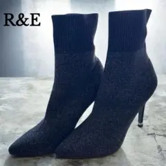 【美品】R&E ソックス ショートブーツ ブラック ラメ ポインテッドトゥ 黒