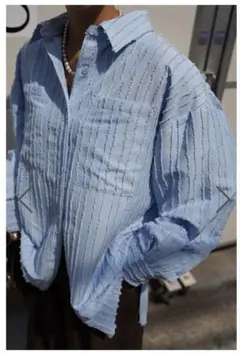 Stripe Over Size Shirt - Light Blueのサムネイル